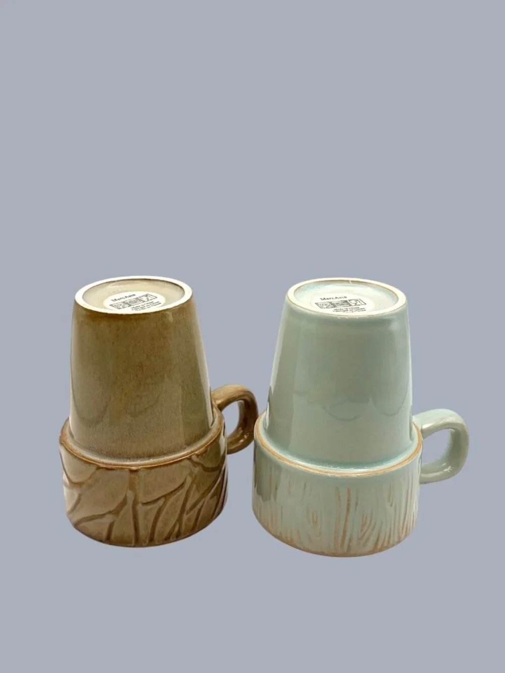 Set of 2 Mar-Cali Stackable Ceramic Coffee Mugs Brown & Aqua Textured